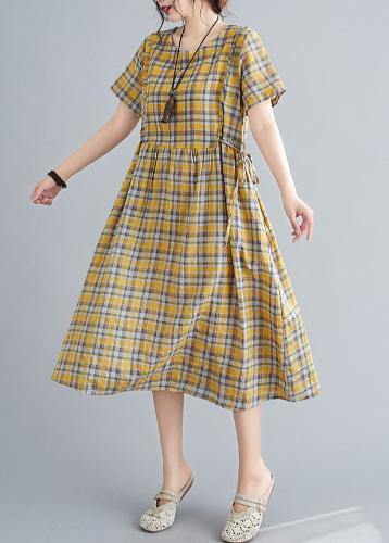 Unique O Neck Tie Waist Clothes Neckline Yellow Plaid Loose Dress