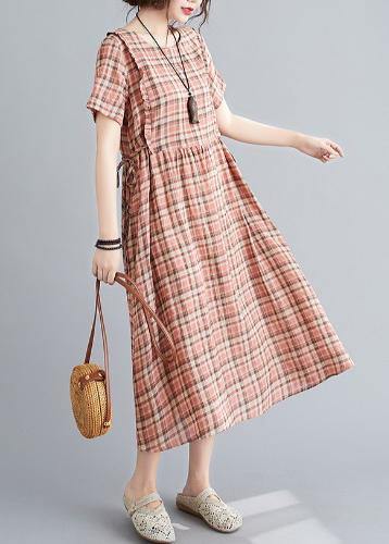 Unique O Neck Tie Waist Clothes Neckline Yellow Plaid Loose Dress