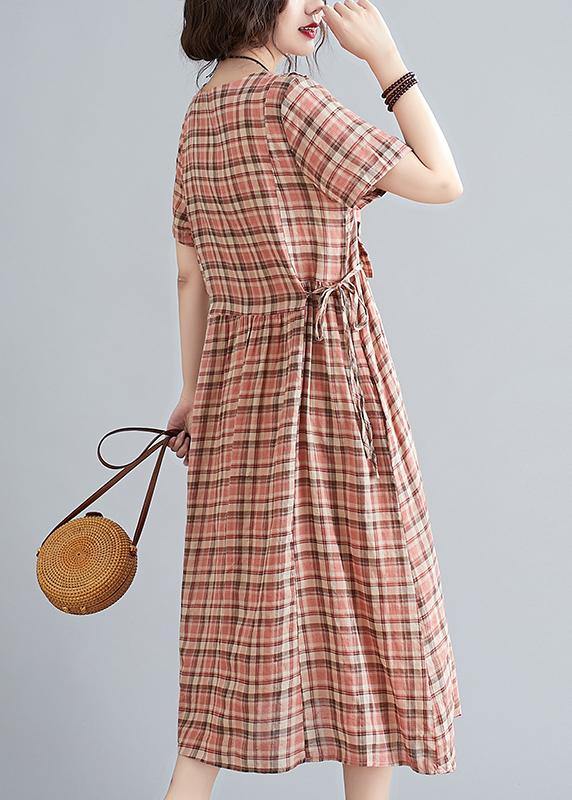 Unique O Neck Tie Waist Clothes Neckline Yellow Plaid Loose Dress