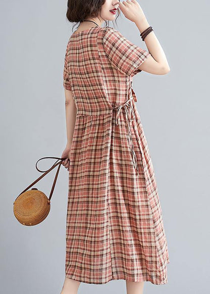 Unique O Neck Tie Waist Clothes Neckline Yellow Plaid Loose Dress