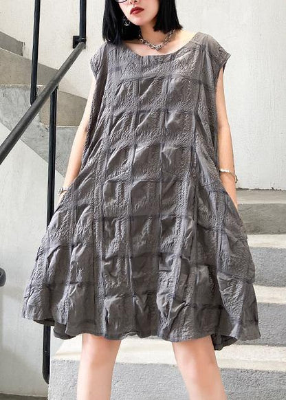 Unique O Neck Cinched Cotton Summer Clothes Work Outfits Gray Dresses