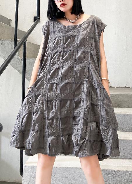 Unique O Neck Cinched Cotton Summer Clothes Work Outfits Gray Dresses