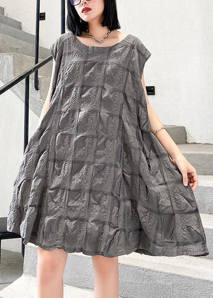 Unique O Neck Cinched Cotton Summer Clothes Work Outfits Gray Dresses