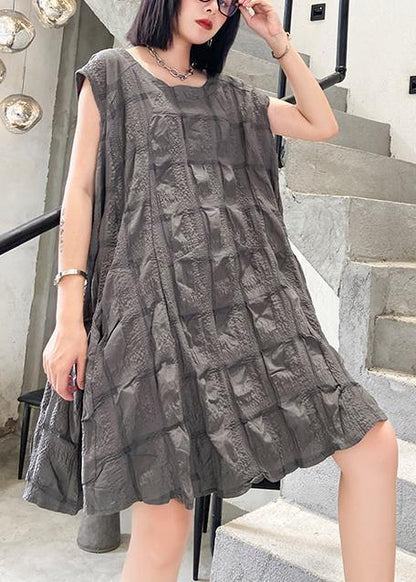 Unique O Neck Cinched Cotton Summer Clothes Work Outfits Gray Dresses