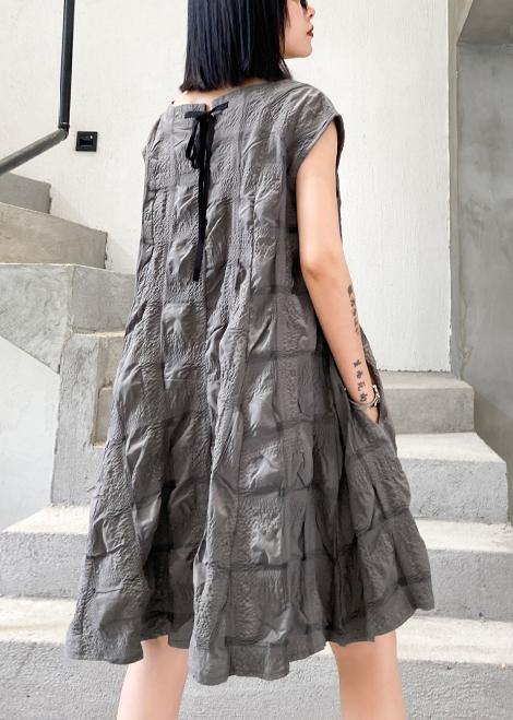 Unique O Neck Cinched Cotton Summer Clothes Work Outfits Gray Dresses