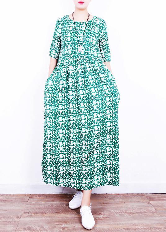 Unique O Neck Cinched Linen Summer Clothes Neckline Green Print Dresses