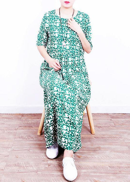 Unique O Neck Cinched Linen Summer Clothes Neckline Green Print Dresses