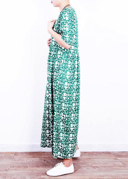 Unique O Neck Cinched Linen Summer Clothes Neckline Green Print Dresses