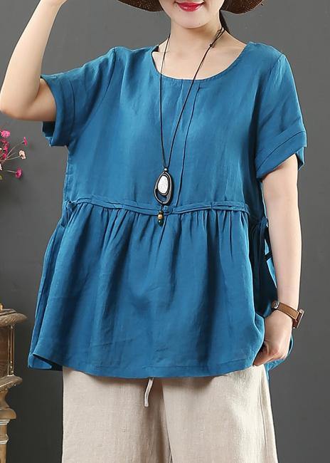Unique O Neck Cinched Linen Summer Shirts Neckline Blue Blouses