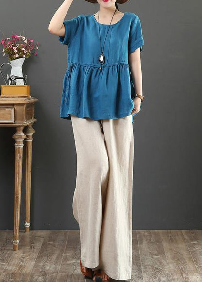 Unique O Neck Cinched Linen Summer Shirts Neckline Blue Blouses