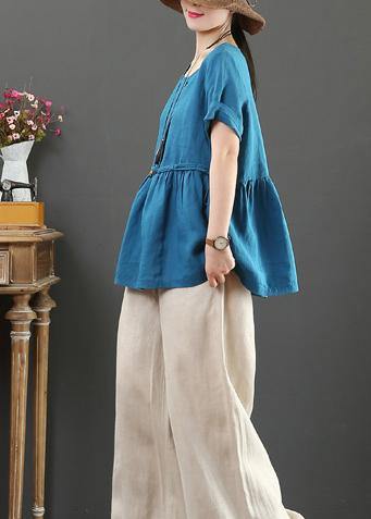 Unique O Neck Cinched Linen Summer Shirts Neckline Blue Blouses