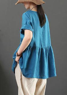 Unique O Neck Cinched Linen Summer Shirts Neckline Blue Blouses