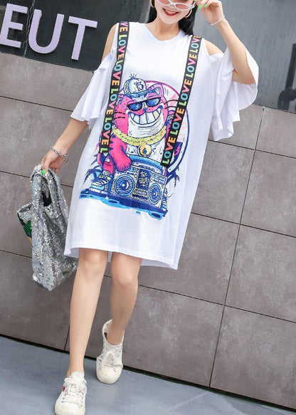 Unique Off the Shoulder Cotton Clothes Shape White Prints Dress Summer
