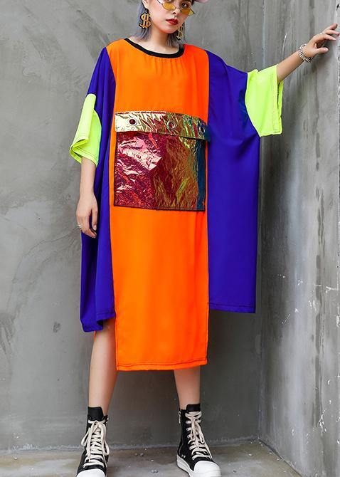Unique Orange Blue Patchwork Chiffon for O Neck Asymmetric Maxi Summer Dress