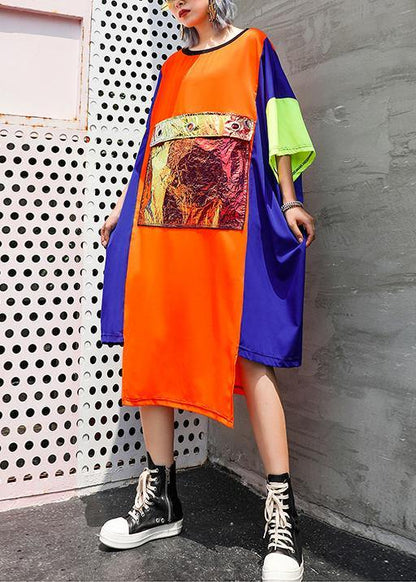 Unique Orange Blue Patchwork Chiffon for O Neck Asymmetric Maxi Summer Dress