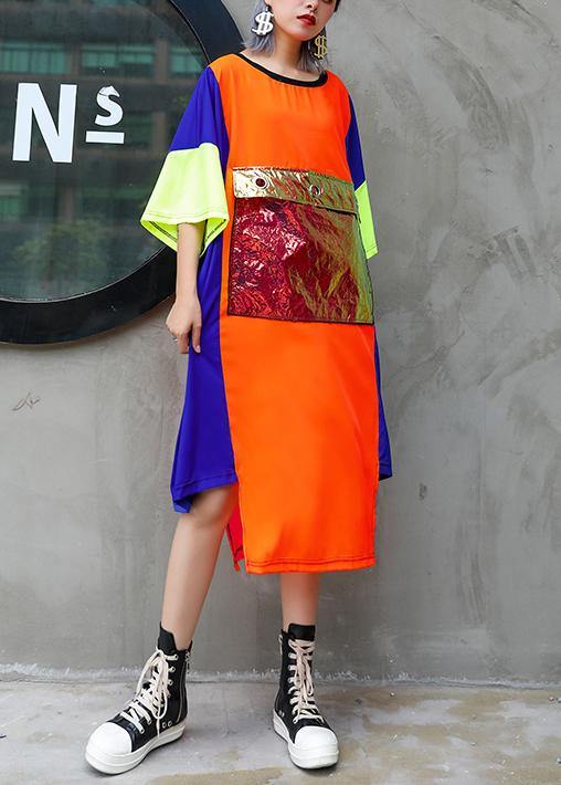 Unique Orange Blue Patchwork Chiffon for O Neck Asymmetric Maxi Summer Dress