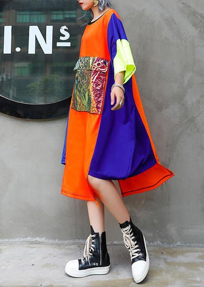Unique Orange Blue Patchwork Chiffon for O Neck Asymmetric Maxi Summer Dress