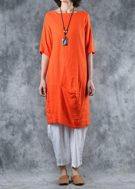 Unique Orange Linen Tops Cotton O Neck Mid Long Tops