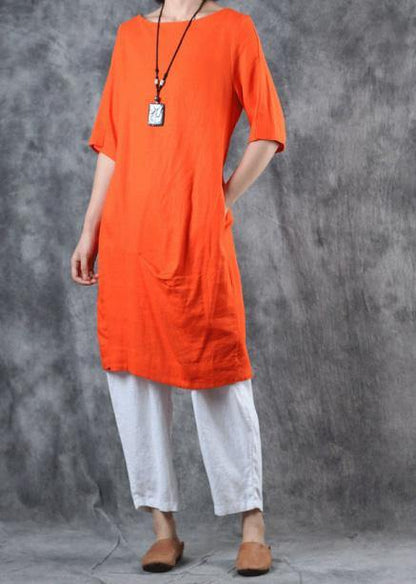 Unique Orange Linen Tops Cotton O Neck Mid Long Tops