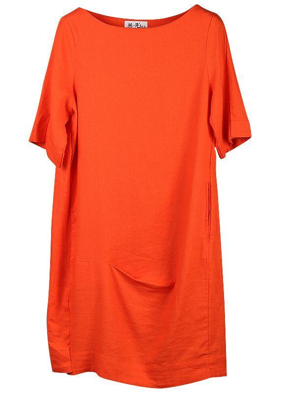 Unique Orange Linen Tops Cotton O Neck Mid Long Tops
