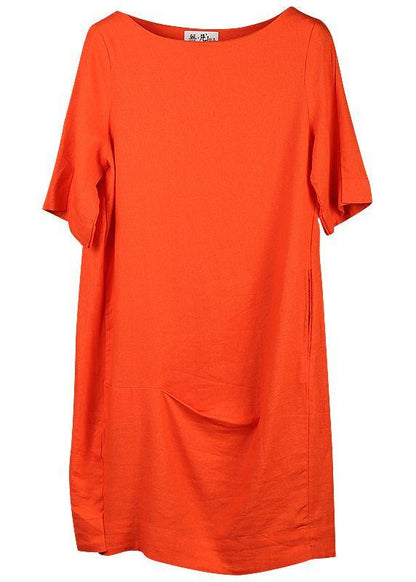 Unique Orange Linen Tops Cotton O Neck Mid Long Tops
