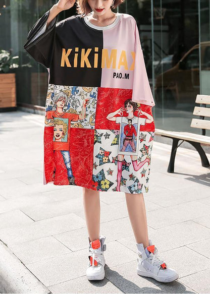Unique Patchwork Color Prints Cotton Wardrobes O Neck Cotton Dress
