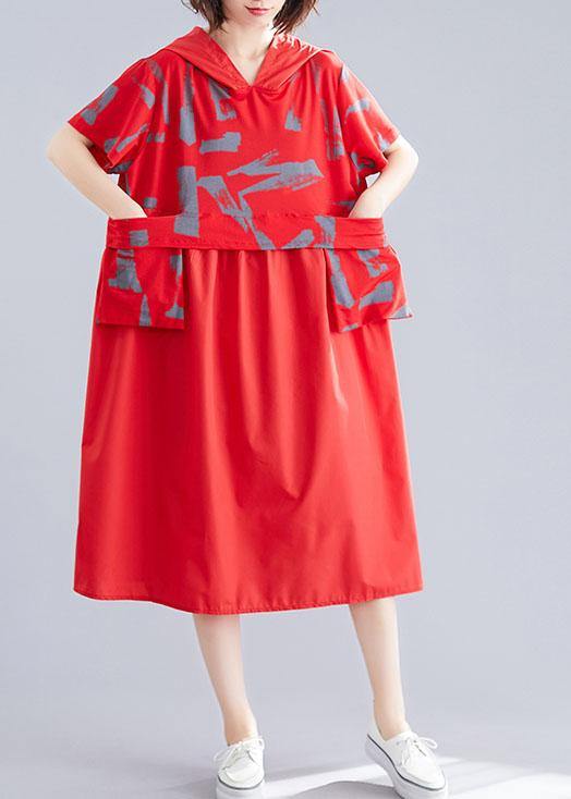 Unique Patchwork Cotton Clothes Shape Red Hooded Loose Dresses Summer