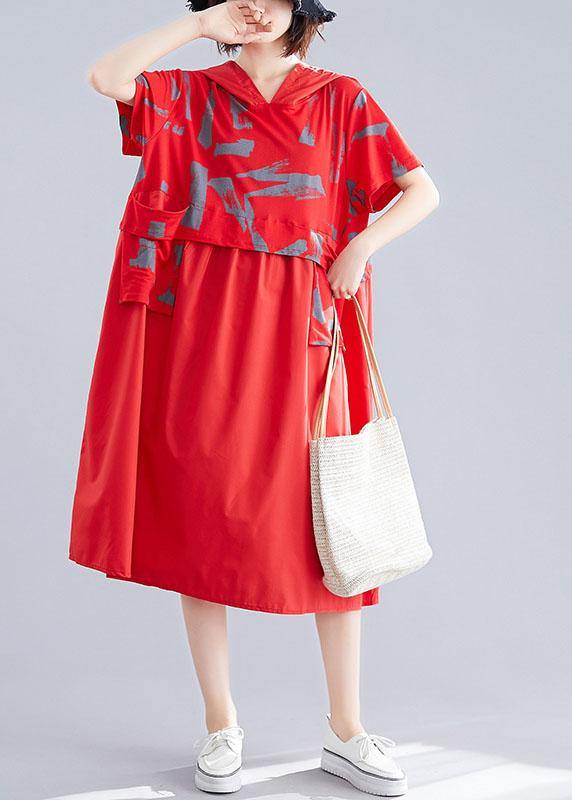 Unique Patchwork Cotton Clothes Shape Red Hooded Loose Dresses Summer