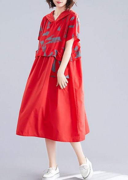 Unique Patchwork Cotton Clothes Shape Red Hooded Loose Dresses Summer