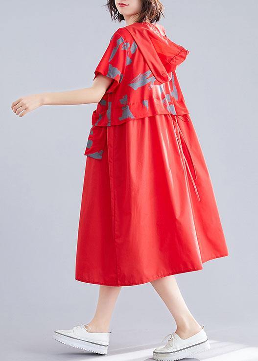 Unique Patchwork Cotton Clothes Shape Red Hooded Loose Dresses Summer