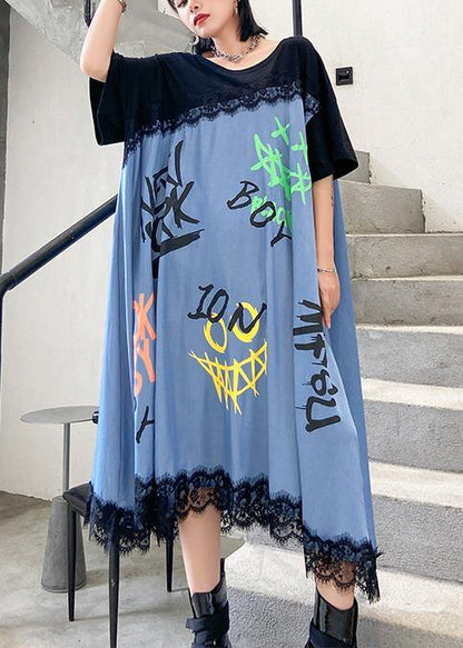 Unique Patchwork Lace Cotton Clothes Wardrobes Black Letter Loose Dress