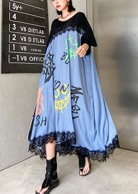 Unique Patchwork Lace Cotton Clothes Wardrobes Black Letter Loose Dress