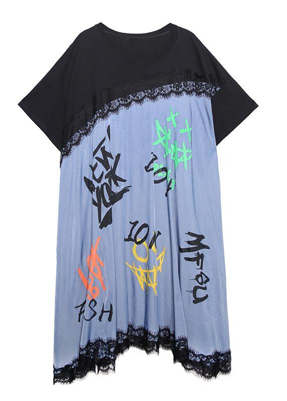 Unique Patchwork Lace Cotton Clothes Wardrobes Black Letter Loose Dress