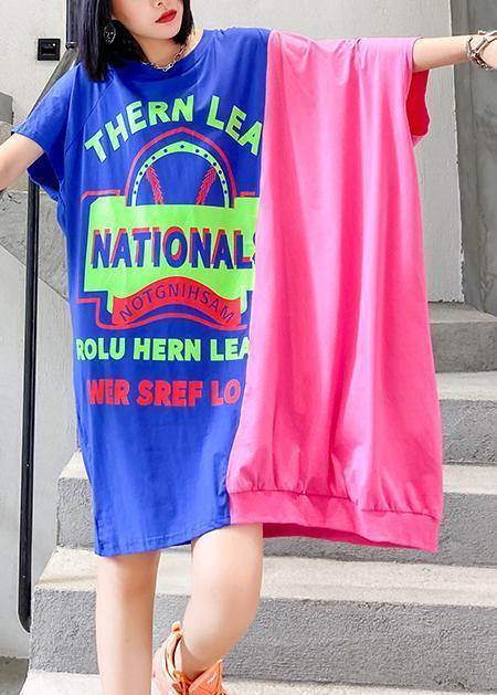 Unique Patchwork O Neck Cotton Tunic Dresssewing Blue Letter Dress