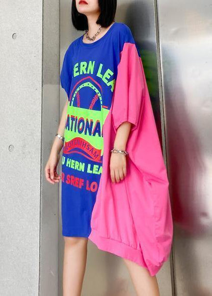 Unique Patchwork O Neck Cotton Tunic Dresssewing Blue Letter Dress