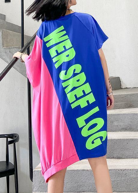 Unique Patchwork O Neck Cotton Tunic Dresssewing Blue Letter Dress