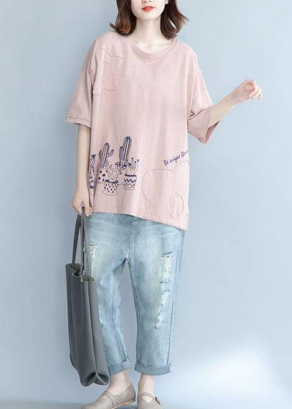 Unique Pink Prints Cotton Shirts Appliques Daily Summer Blouse