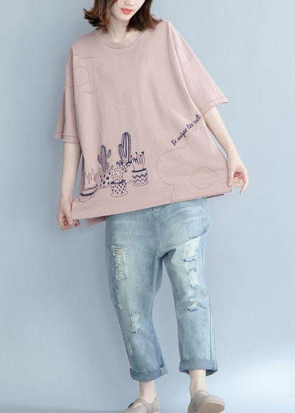 Unique Pink Prints Cotton Shirts Appliques Daily Summer Blouse