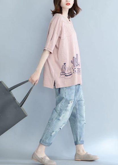 Unique Pink Prints Cotton Shirts Appliques Daily Summer Blouse