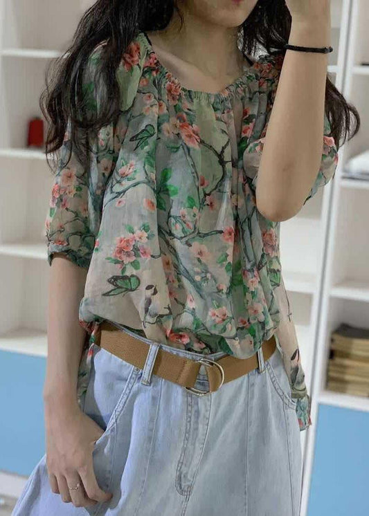 Unique Prints Linen Clothes Half Sleeve Box Fall Blouses