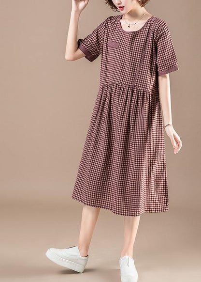 Unique Red Plaid Cotton Dresses Photography Patchwork Pockets Short Summer Dresses