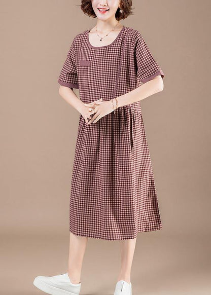 Unique Red Plaid Cotton Dresses Photography Patchwork Pockets Short Summer Dresses