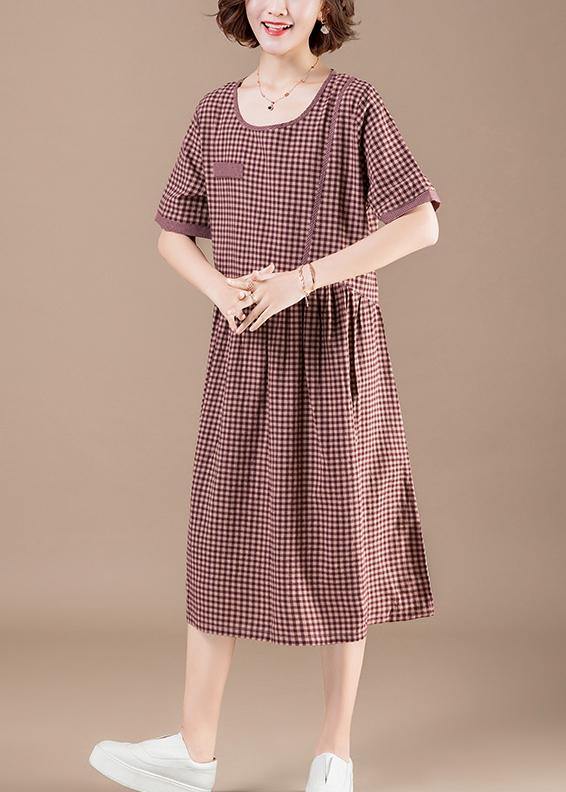 Unique Red Plaid Cotton Dresses Photography Patchwork Pockets Short Summer Dresses