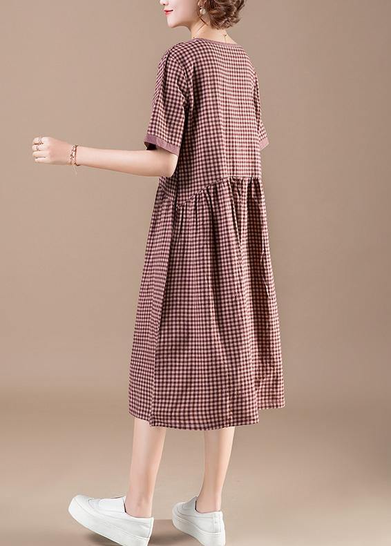 Unique Red Plaid Cotton Dresses Photography Patchwork Pockets Short Summer Dresses