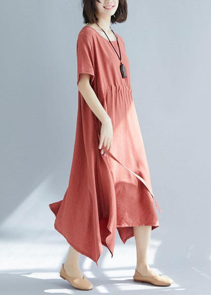 Unique Red Big Hem Cotton Linen Robes Side Open Love Summer Dresses