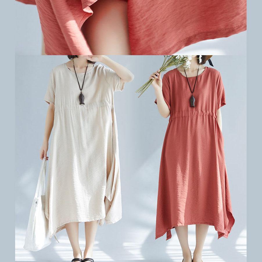 Unique Red Big Hem Cotton Linen Robes Side Open Love Summer Dresses