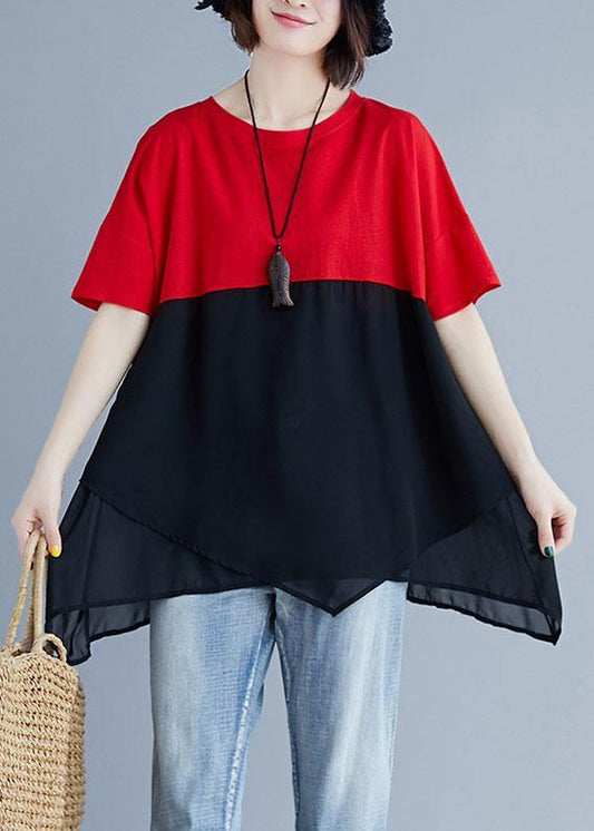 Unique Red Chiffon O Neck Patchwork Silhouette Summer Blouse