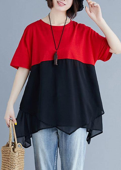 Unique Red Chiffon O Neck Patchwork Silhouette Summer Blouse