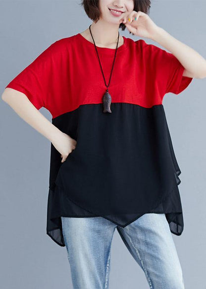 Unique Red Chiffon O Neck Patchwork Silhouette Summer Blouse