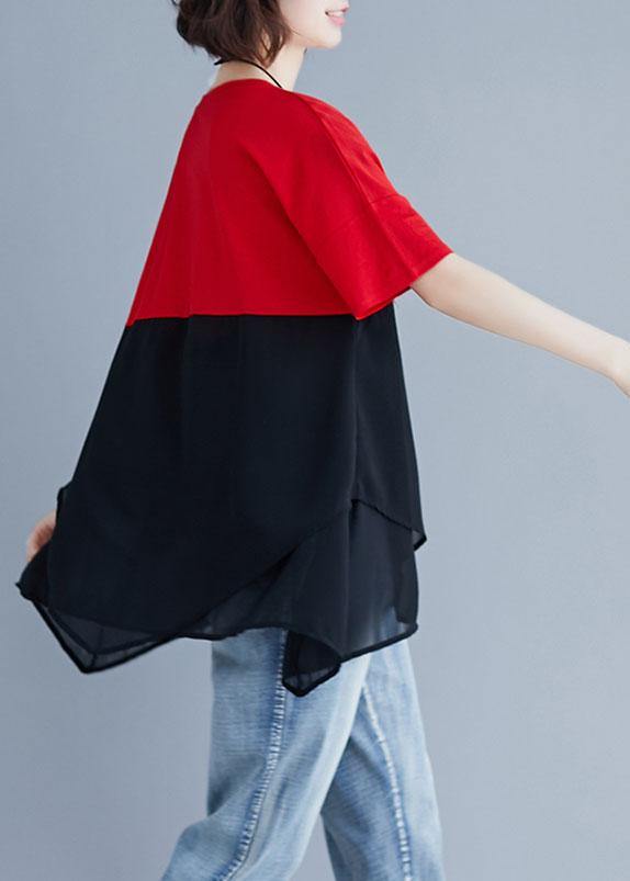 Unique Red Chiffon O Neck Patchwork Silhouette Summer Blouse